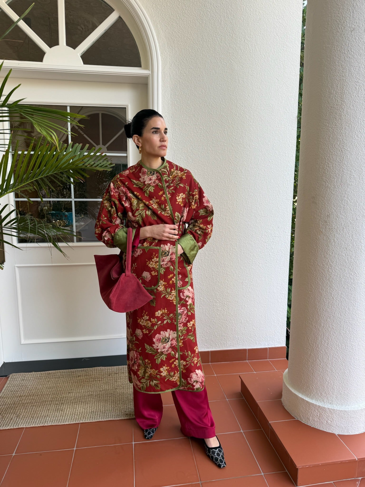 ROMAN LONG JACKET LIN ROUGE FLEURI