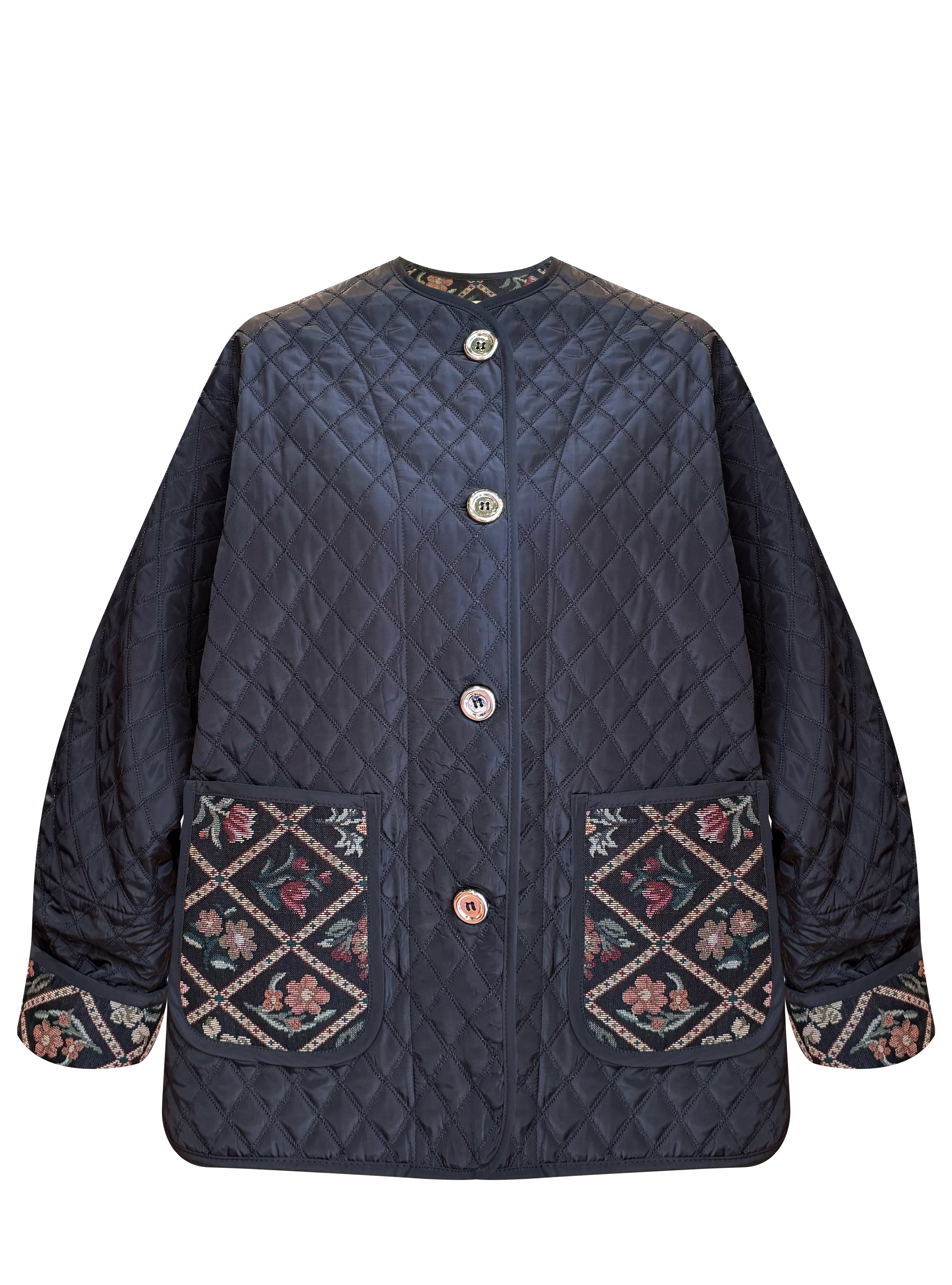 ROMAN JACKET QUILTED BLACK WITH JACQUARD FLEURI