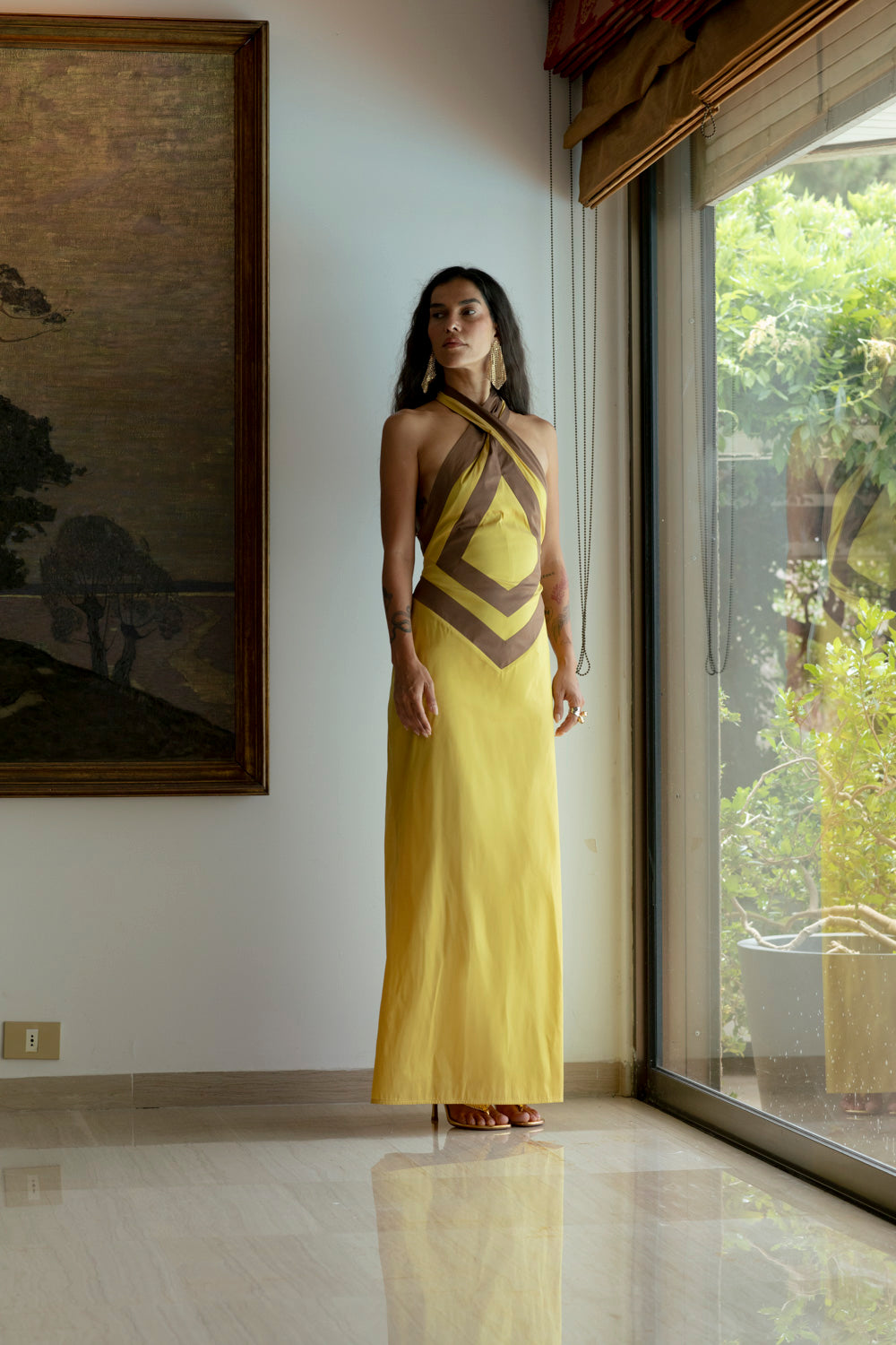 LUMINA DRESS TAFFETA YELLOW/BROWN