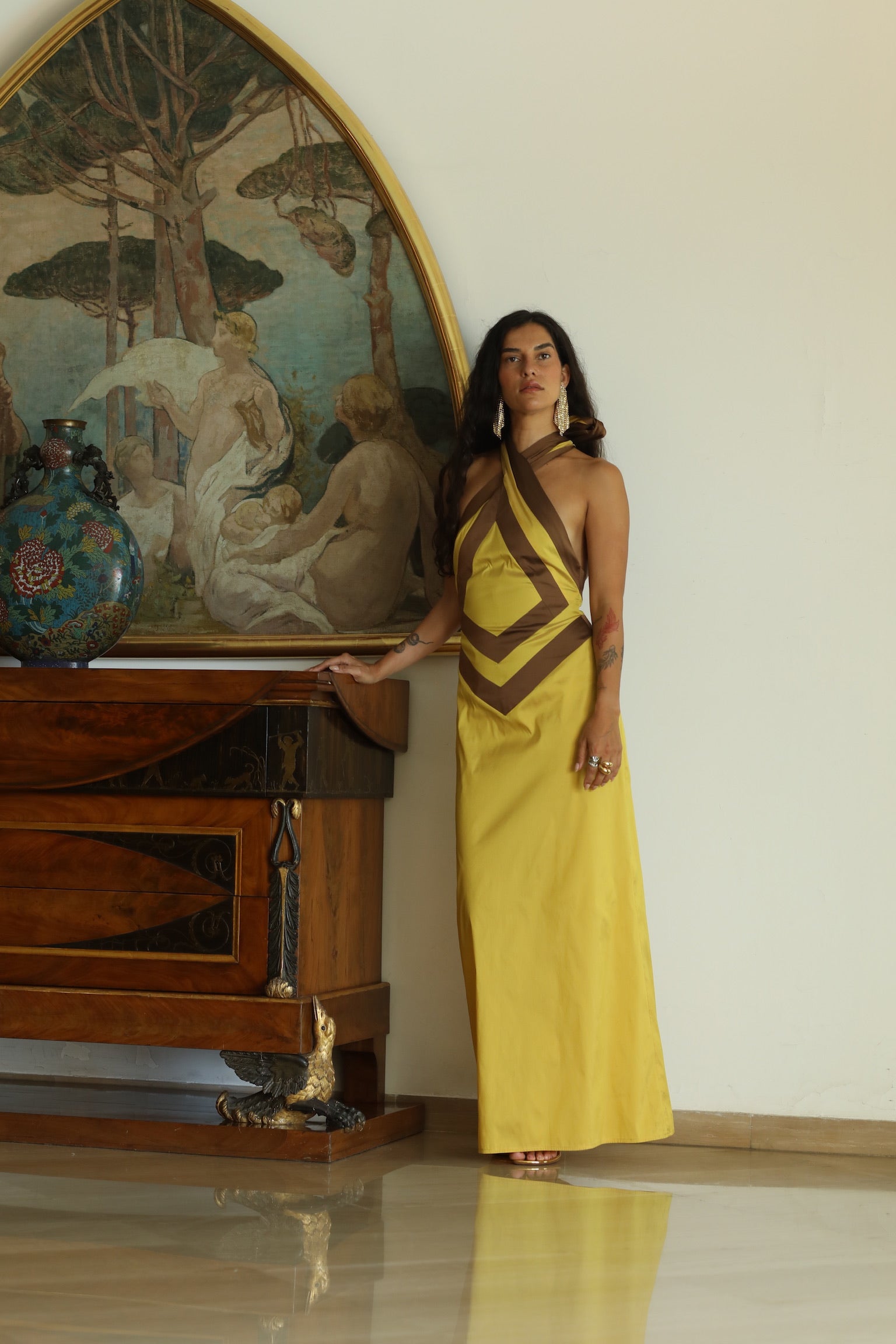 LUMINA DRESS TAFFETA YELLOW/BROWN
