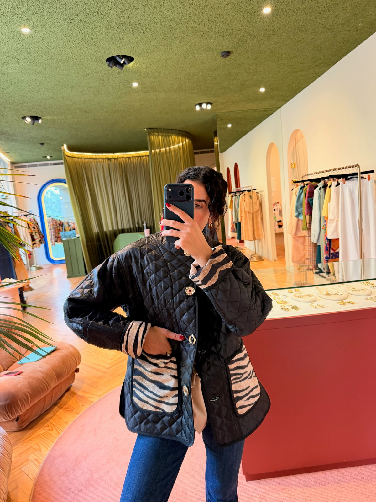 ROMAN JACKET QUILTED BLACK WITH ZEBRA CAMEL