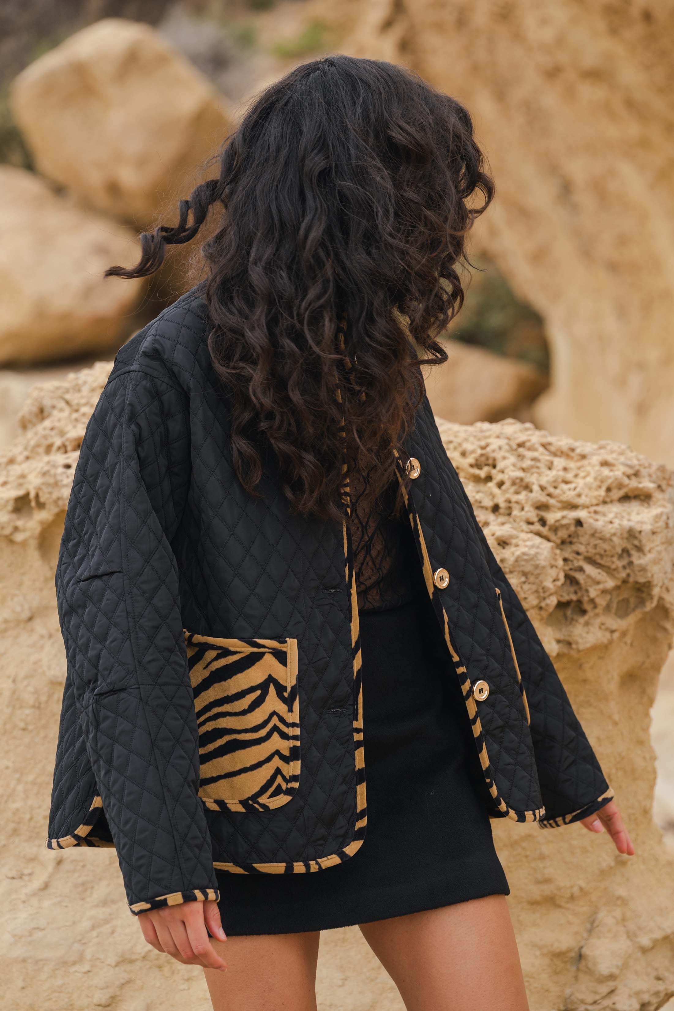 ROMAN JACKET QUILTED BLACK WITH ZEBRA CAMEL