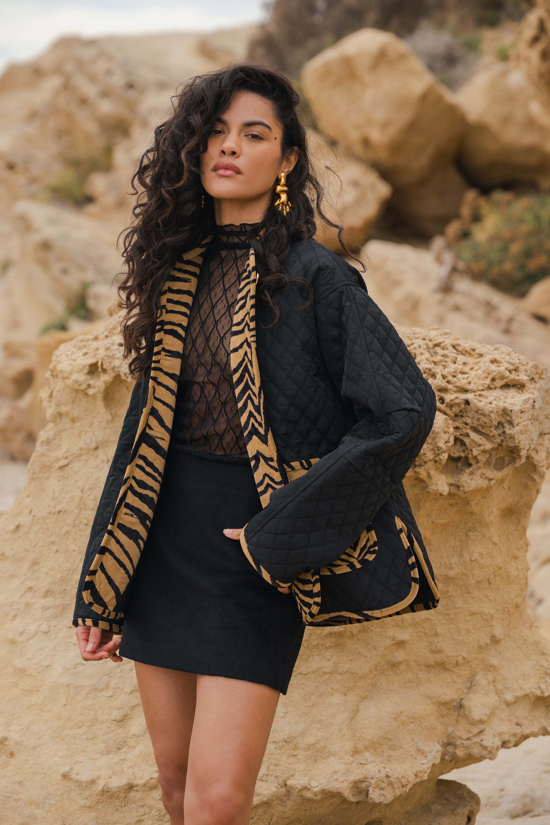 ROMAN JACKET QUILTED BLACK WITH ZEBRA CAMEL