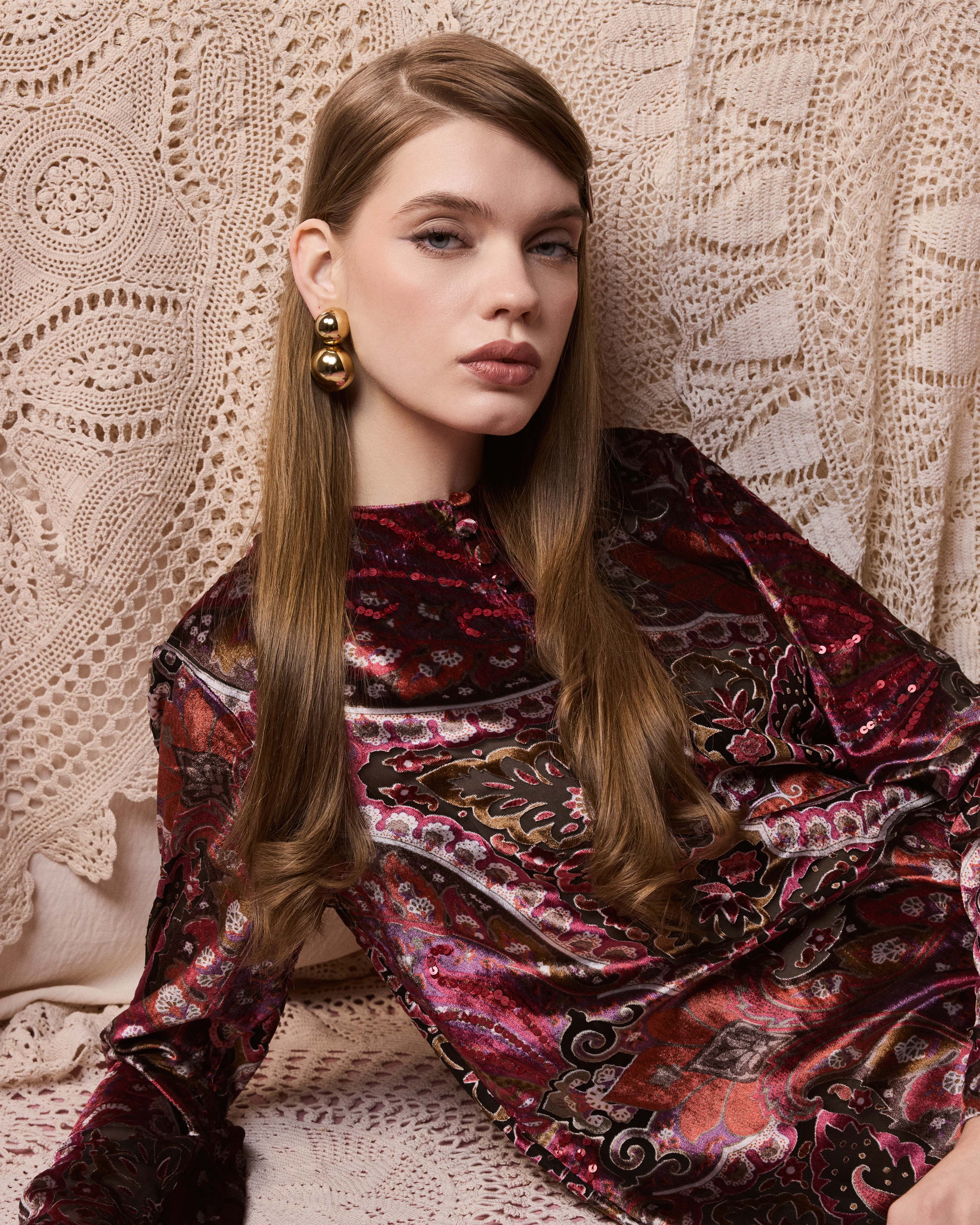 LUEUR DRESS PAISLEY VELVET AUBERGINE