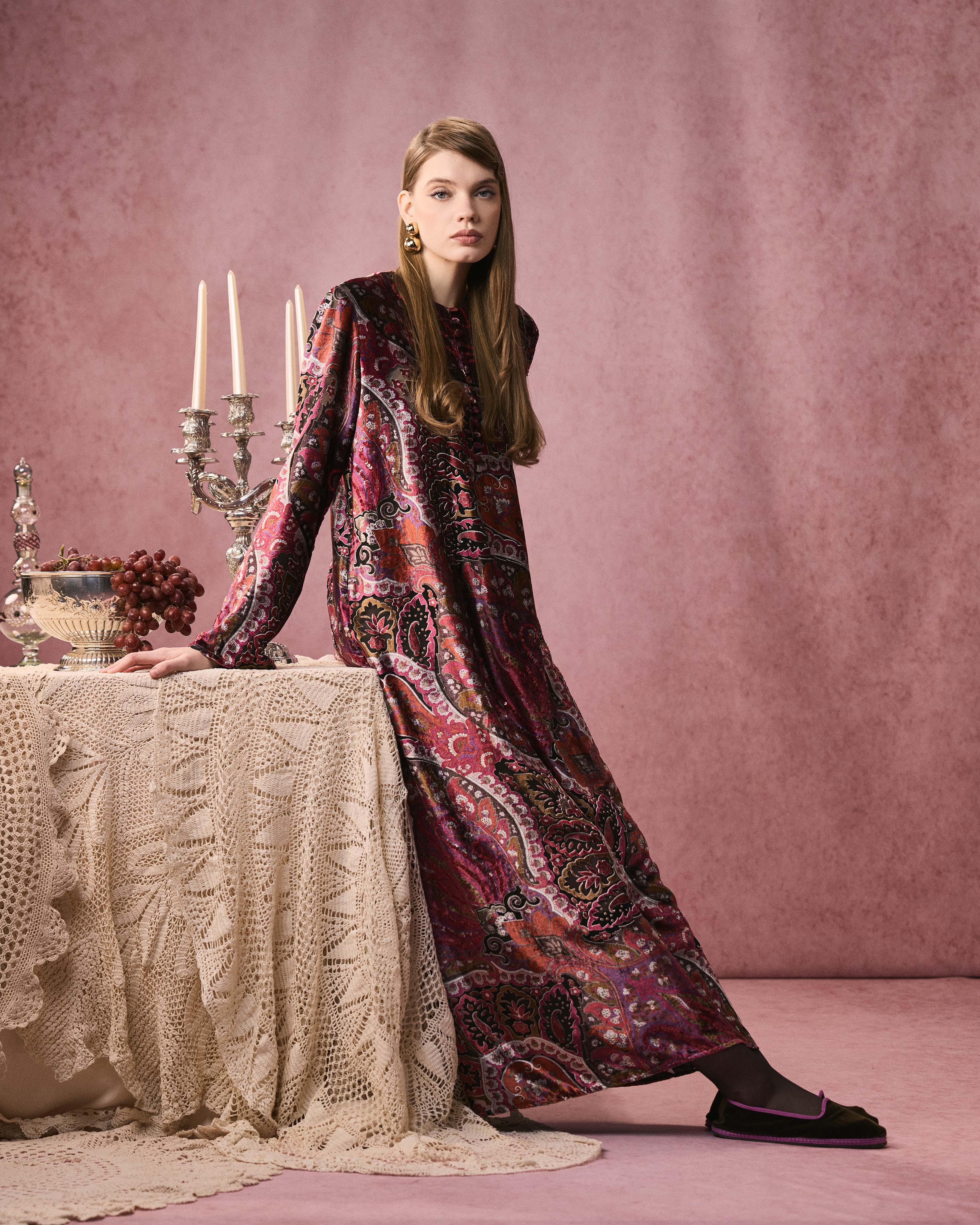 LUEUR DRESS PAISLEY VELVET AUBERGINE
