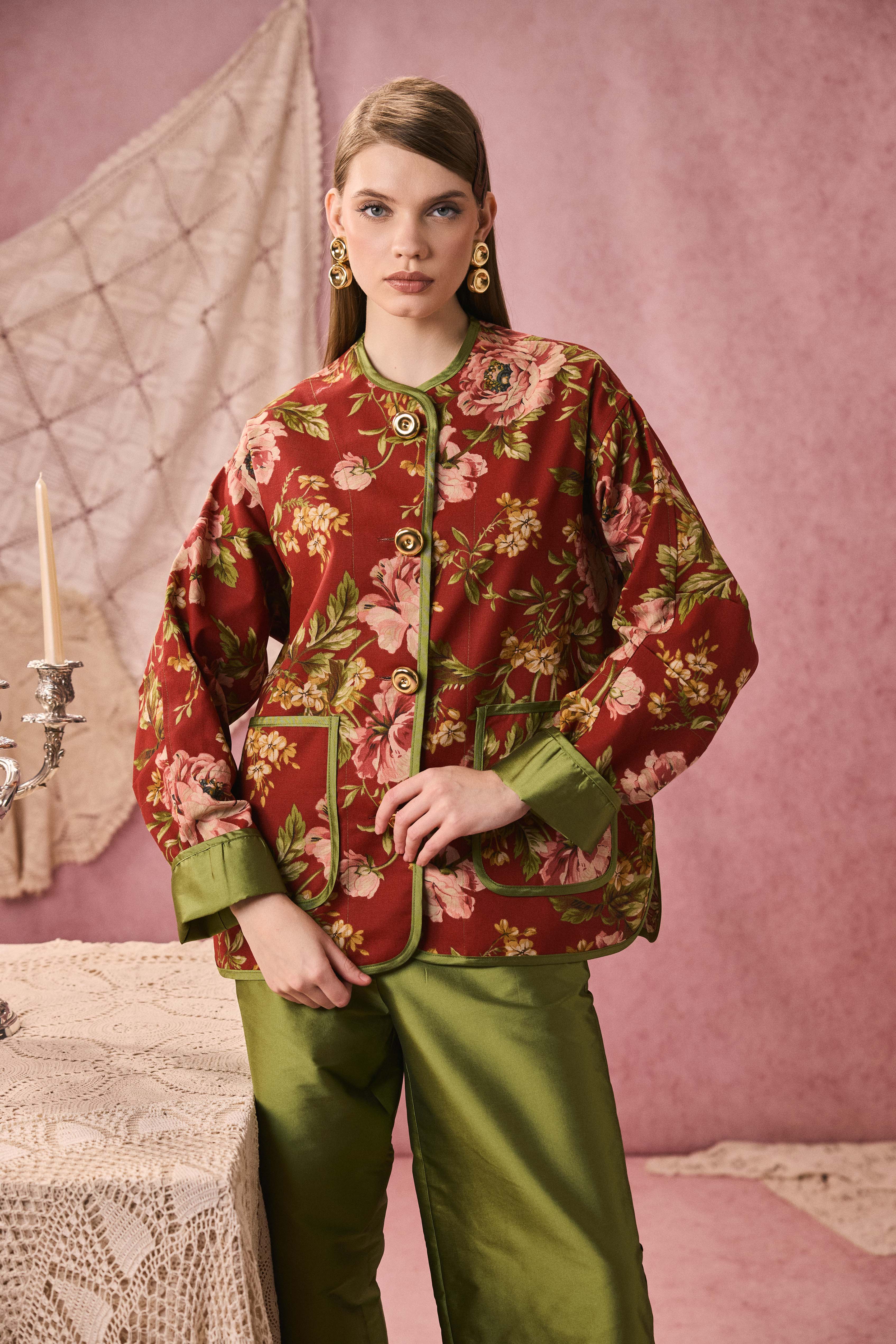 ROMAN JACKET LIN ROUGE FLEURI