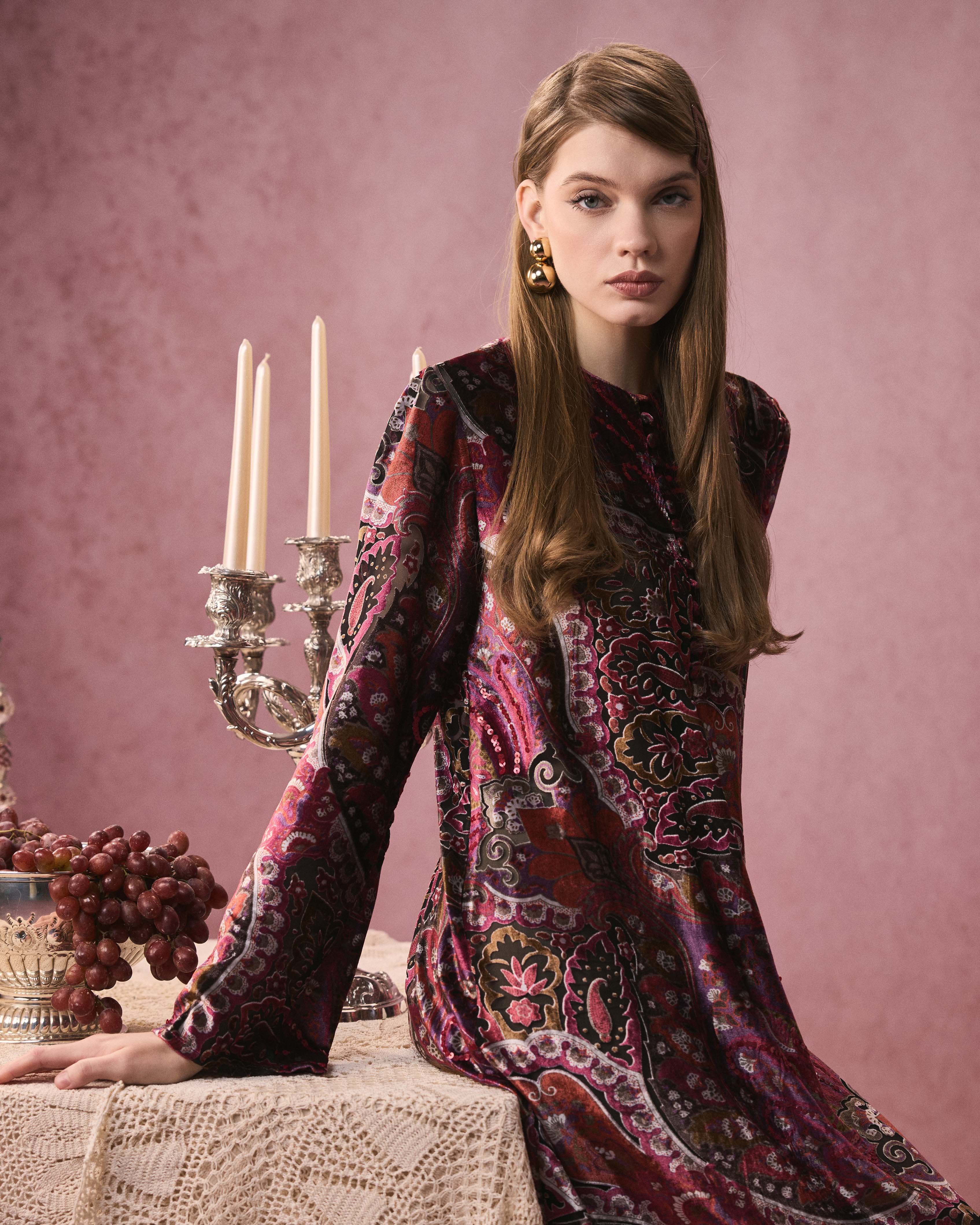 LUEUR DRESS PAISLEY VELVET AUBERGINE